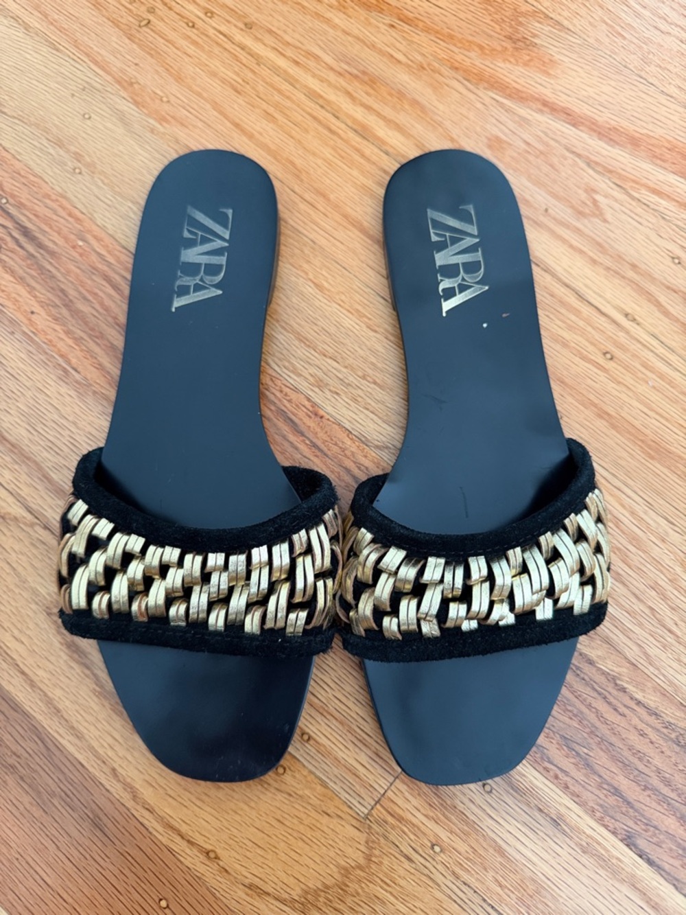 ZARA Black Slides with Gold Woven Strap